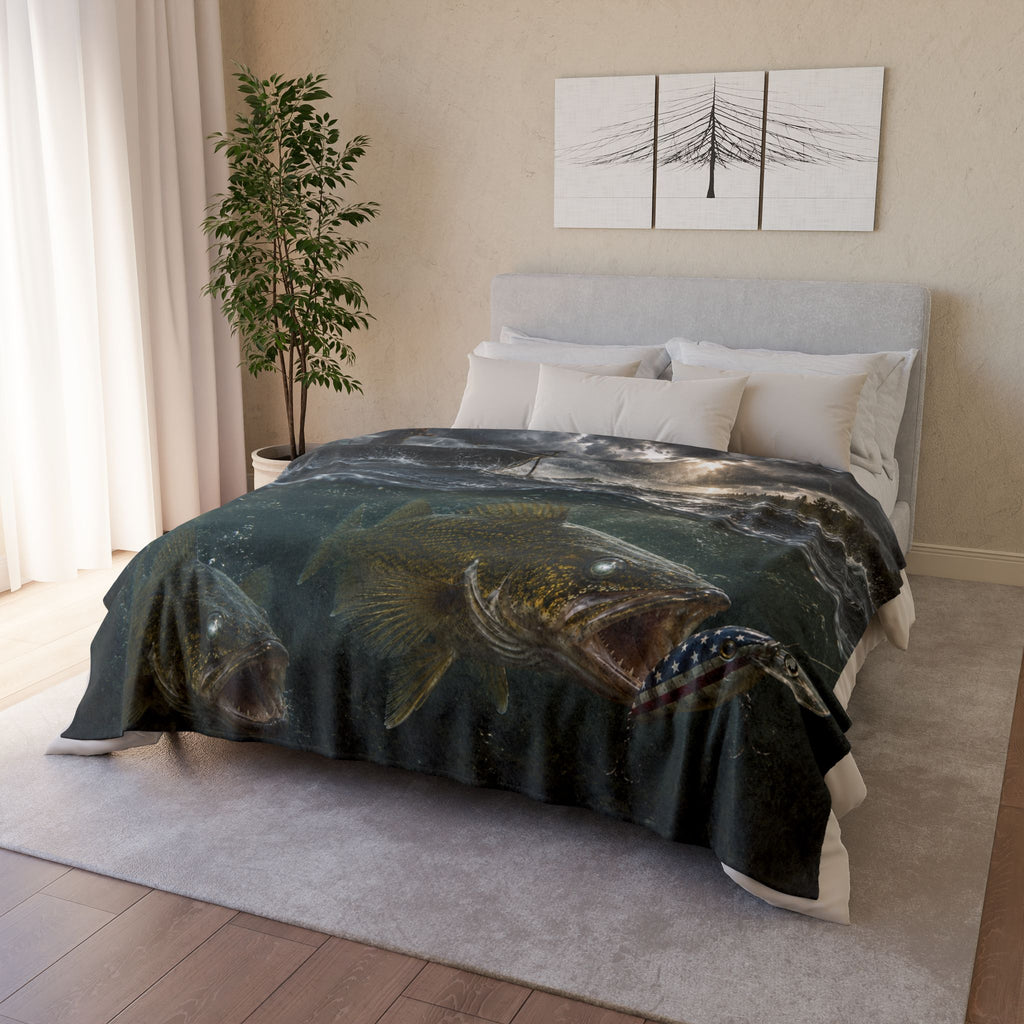 Walleye Fishing Soft Polyester Throw Blanket | Gift for Outdoor Loving Fisherman for Hunting, Camping, and Fishing Trips