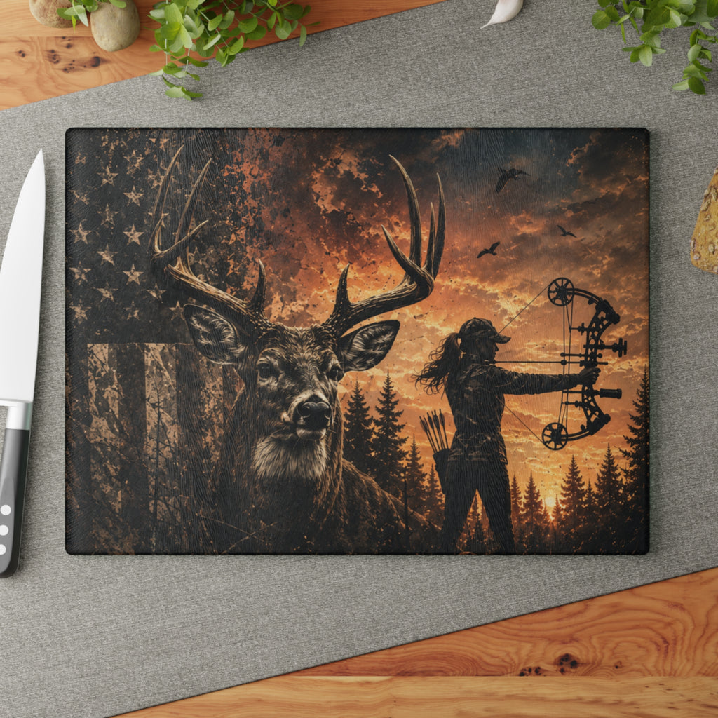 Deer Hunting Themed Glass Cutting Board | Outdoorswoman Bow Hunting American Flag Kitchen Decor