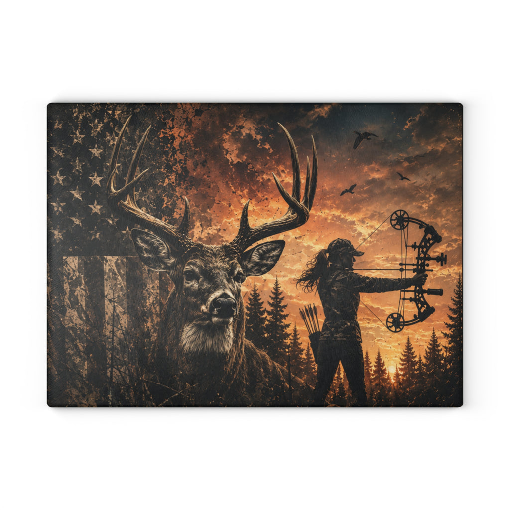 Deer Hunting Themed Glass Cutting Board | Outdoorswoman Bow Hunting American Flag Kitchen Decor