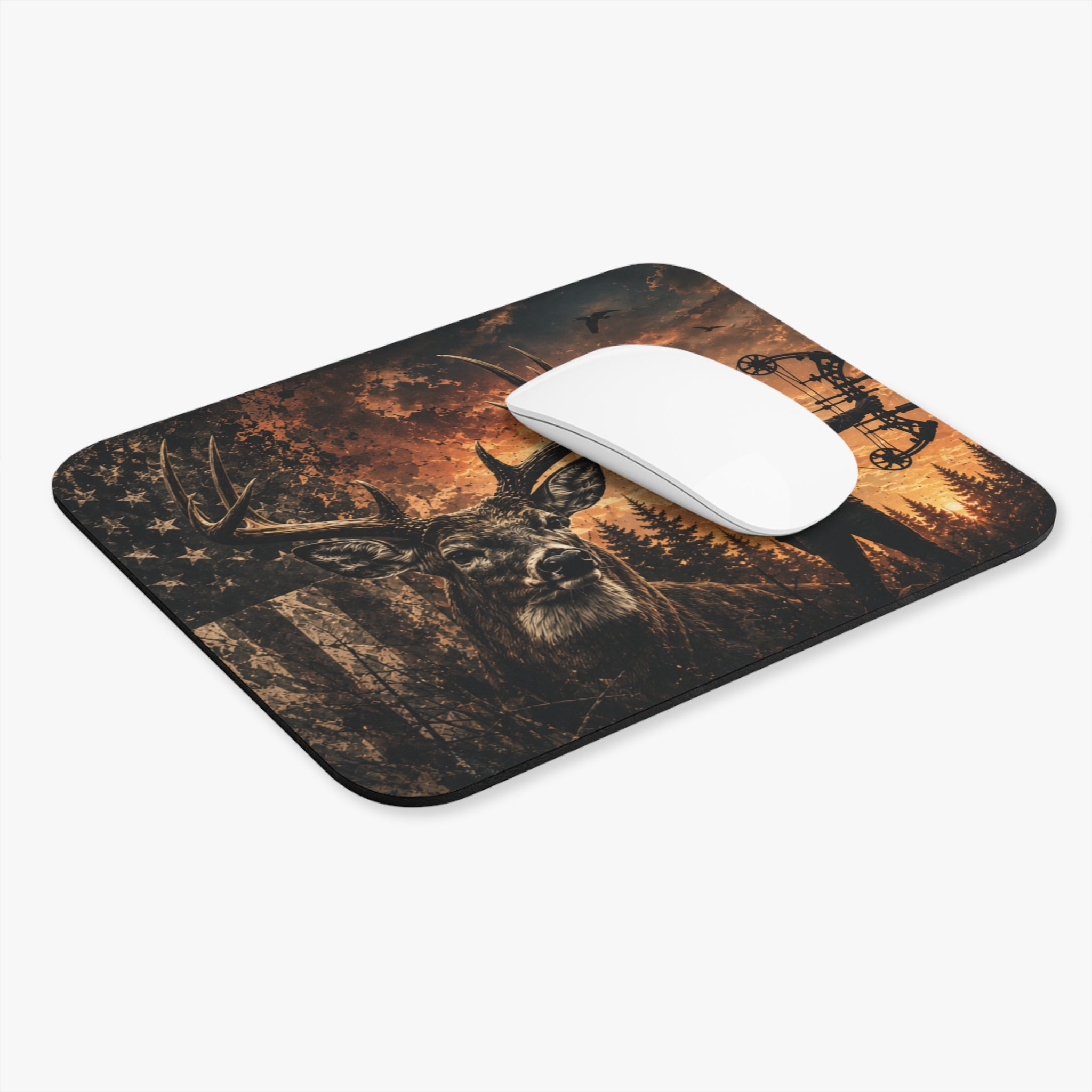 Patriotic Bow Hunting Mouse Pad | Rustic Deer & American Flag Desk Mat for Hunters