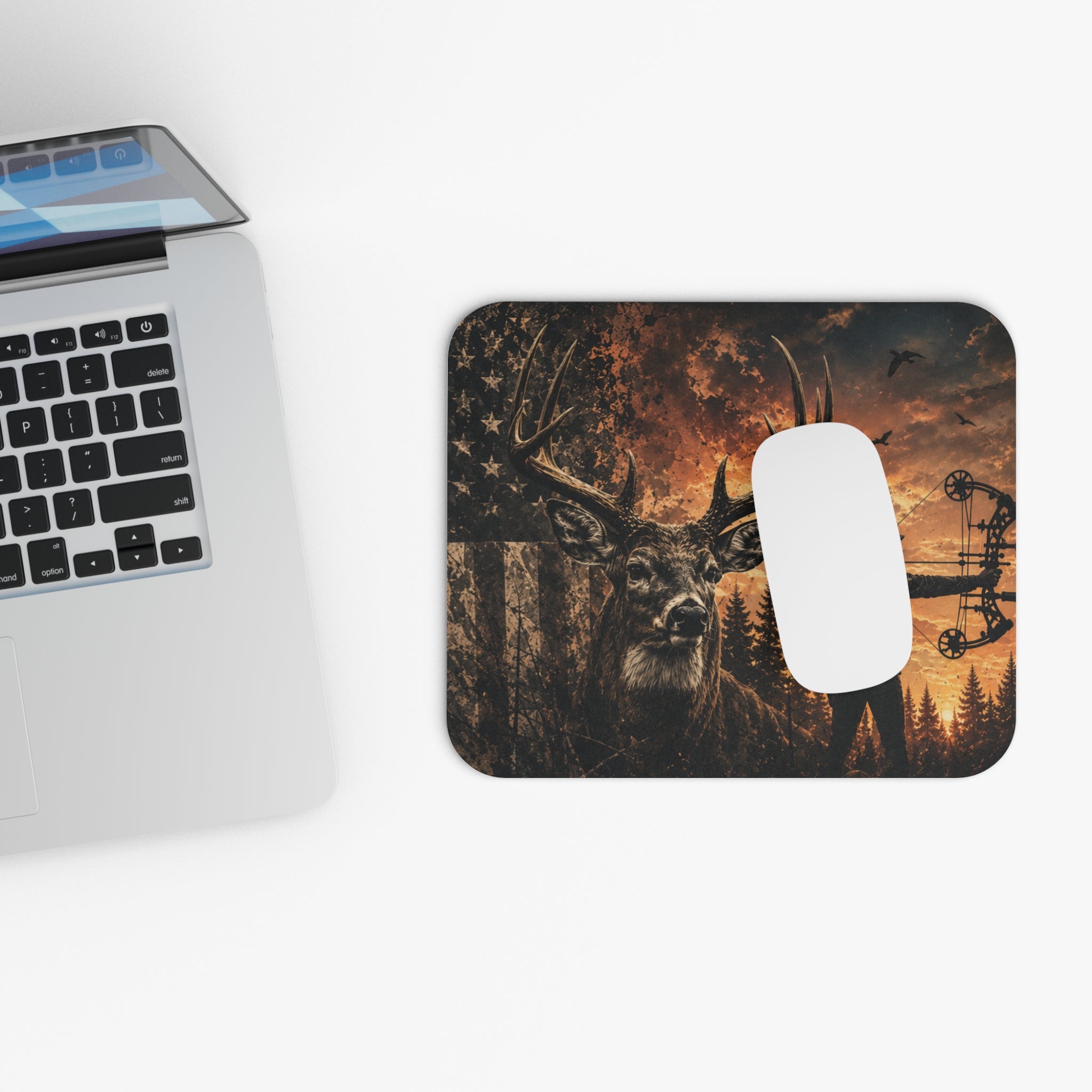 Patriotic Bow Hunting Mouse Pad | Rustic Deer & American Flag Desk Mat for Hunters