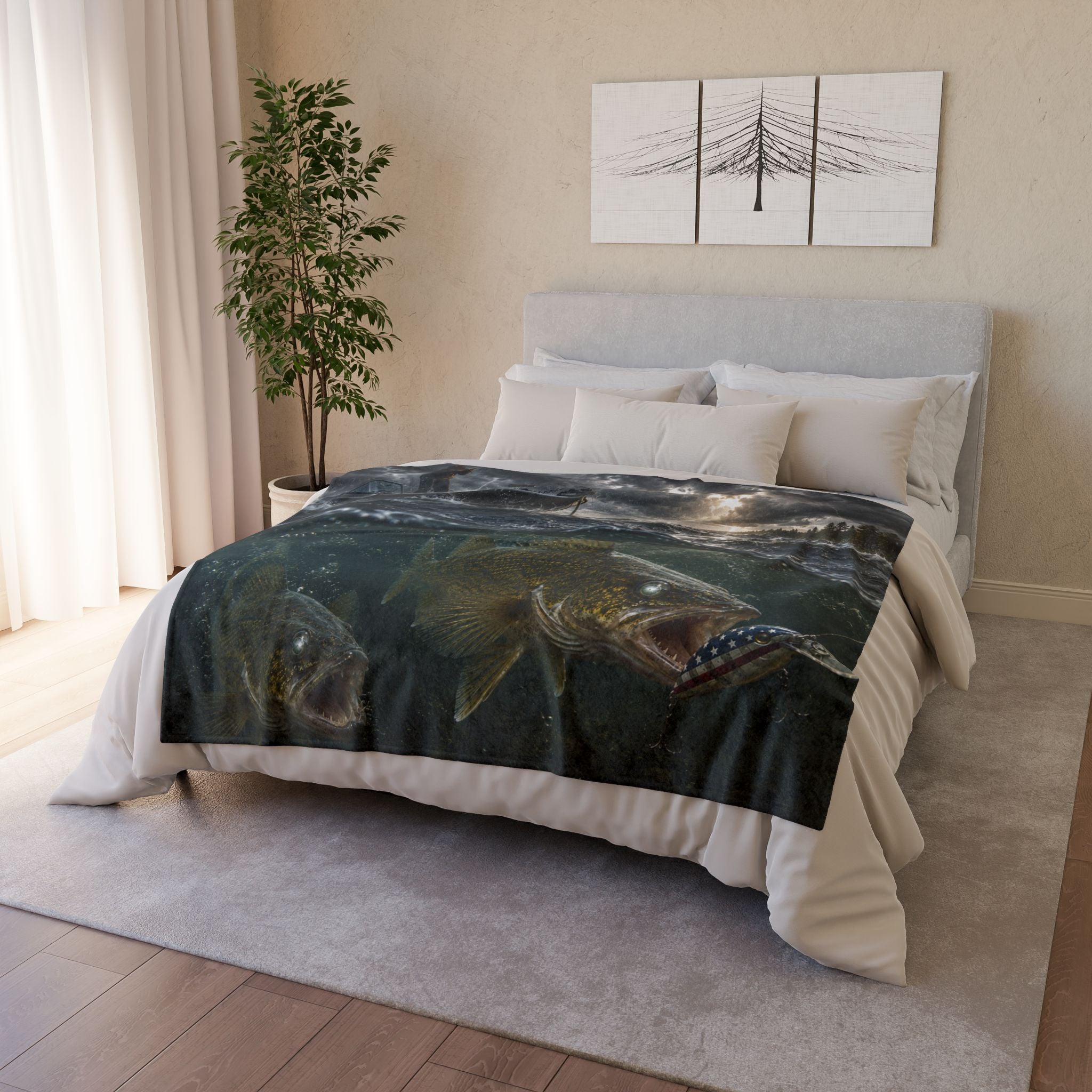Walleye Fishing Soft Polyester Throw Blanket | Gift for Outdoor Loving Fisherman for Hunting, Camping, and Fishing Trips