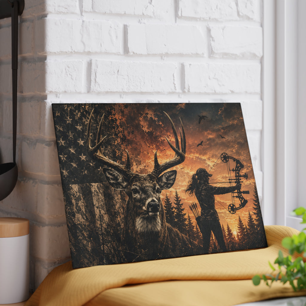 Deer Hunting Themed Glass Cutting Board | Outdoorswoman Bow Hunting American Flag Kitchen Decor