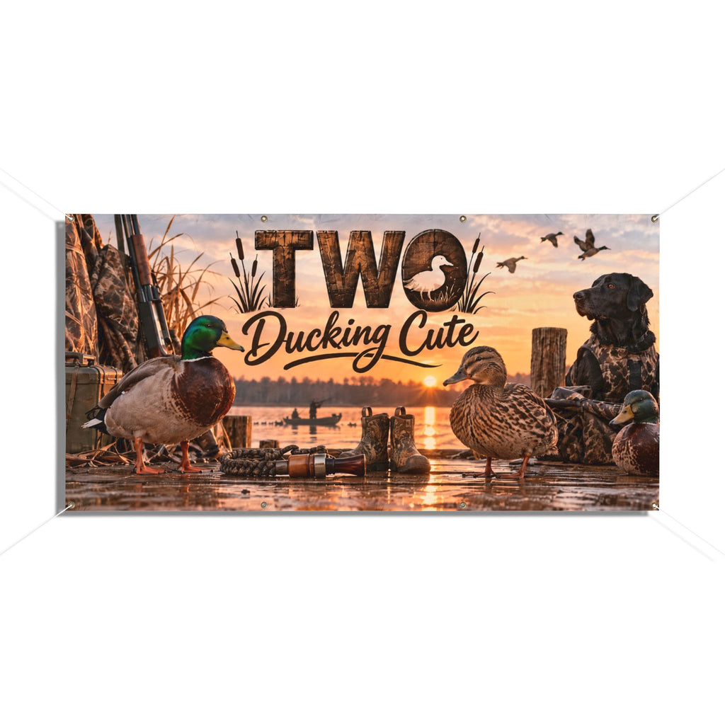 Two Ducking Cute Second Birthday Banner l Duck Hunting Themed Vinyl Tapestry for Outdoorsy Toddler's 2nd Birthday