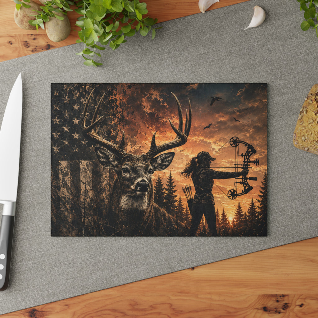 Deer Hunting Themed Glass Cutting Board | Outdoorswoman Bow Hunting American Flag Kitchen Decor