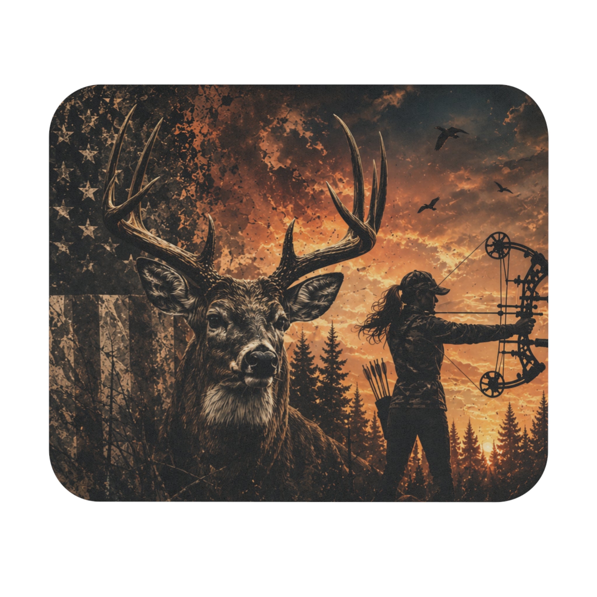 Patriotic Bow Hunting Mouse Pad | Rustic Deer & American Flag Desk Mat for Hunters