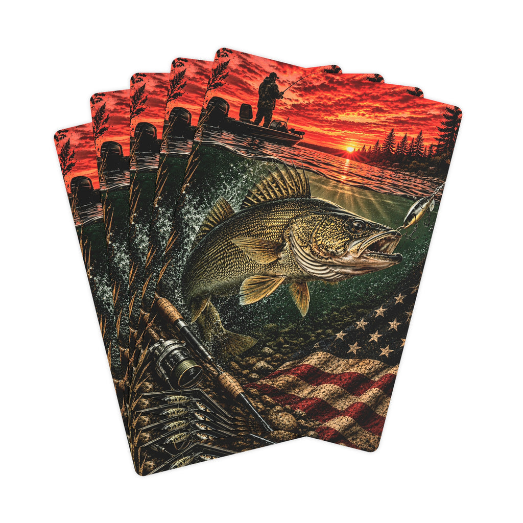 Walleye Fishing Playing Cards | Fisherman Poker/Euchre Gift | Outdoor and Patriotic American Flag Card Deck
