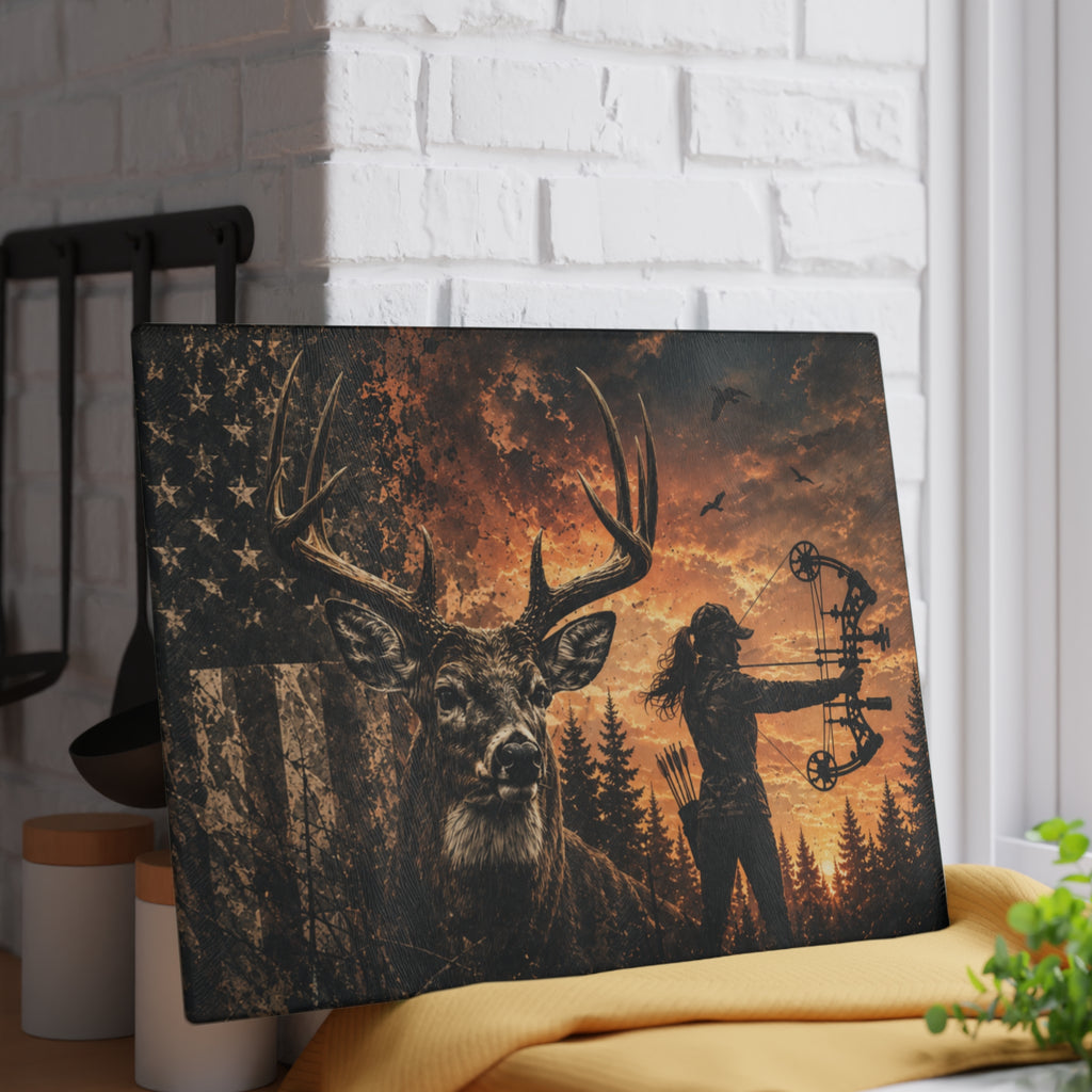 Deer Hunting Themed Glass Cutting Board | Outdoorswoman Bow Hunting American Flag Kitchen Decor