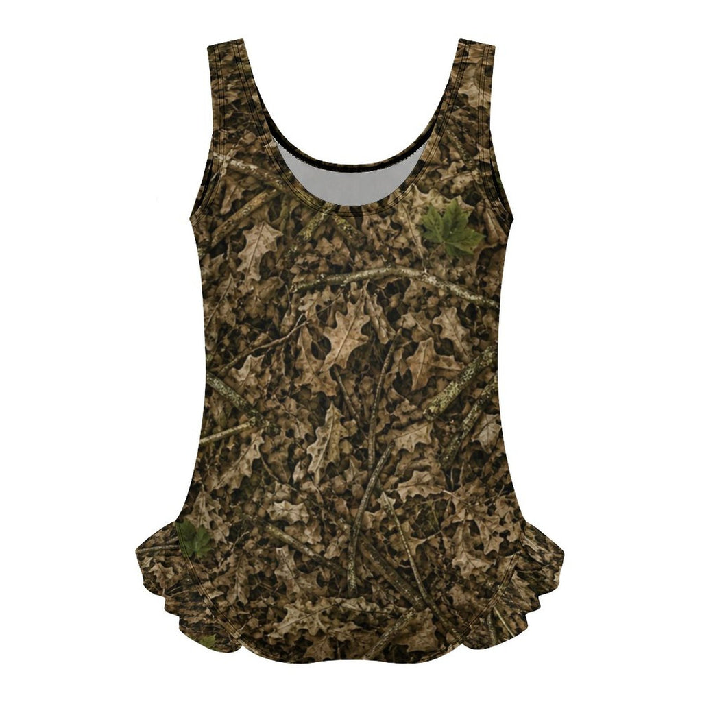 Girls Camouflage Ruffle Trim One Piece Swimsuit | Camo Swimwear for Outdoorsy Youth and Future Hunters