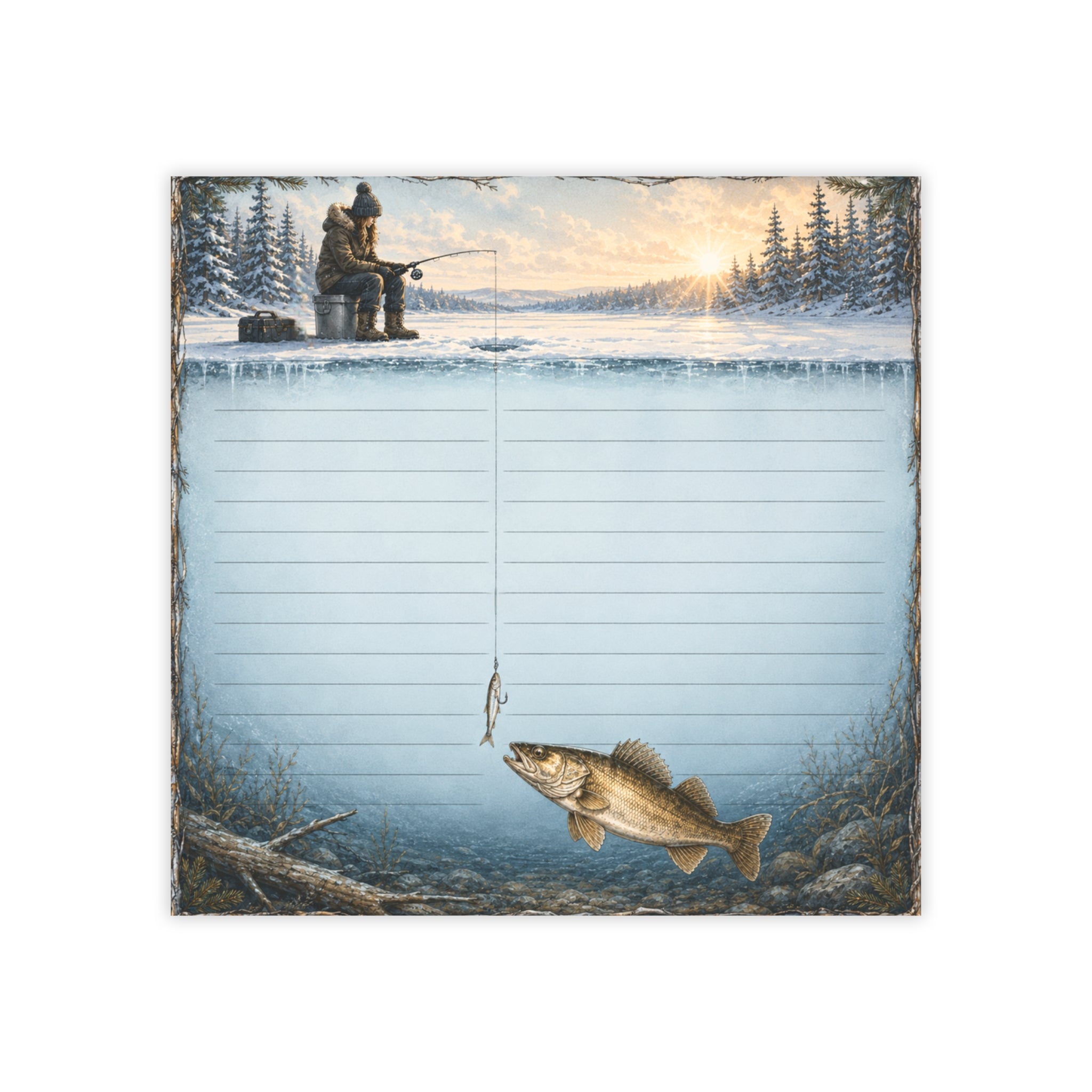 Ice Fisherman Sticky Notes | Outdoorsmen and Outdoorswomen Post-it® Winter Fishing Theme Note Pad Gift