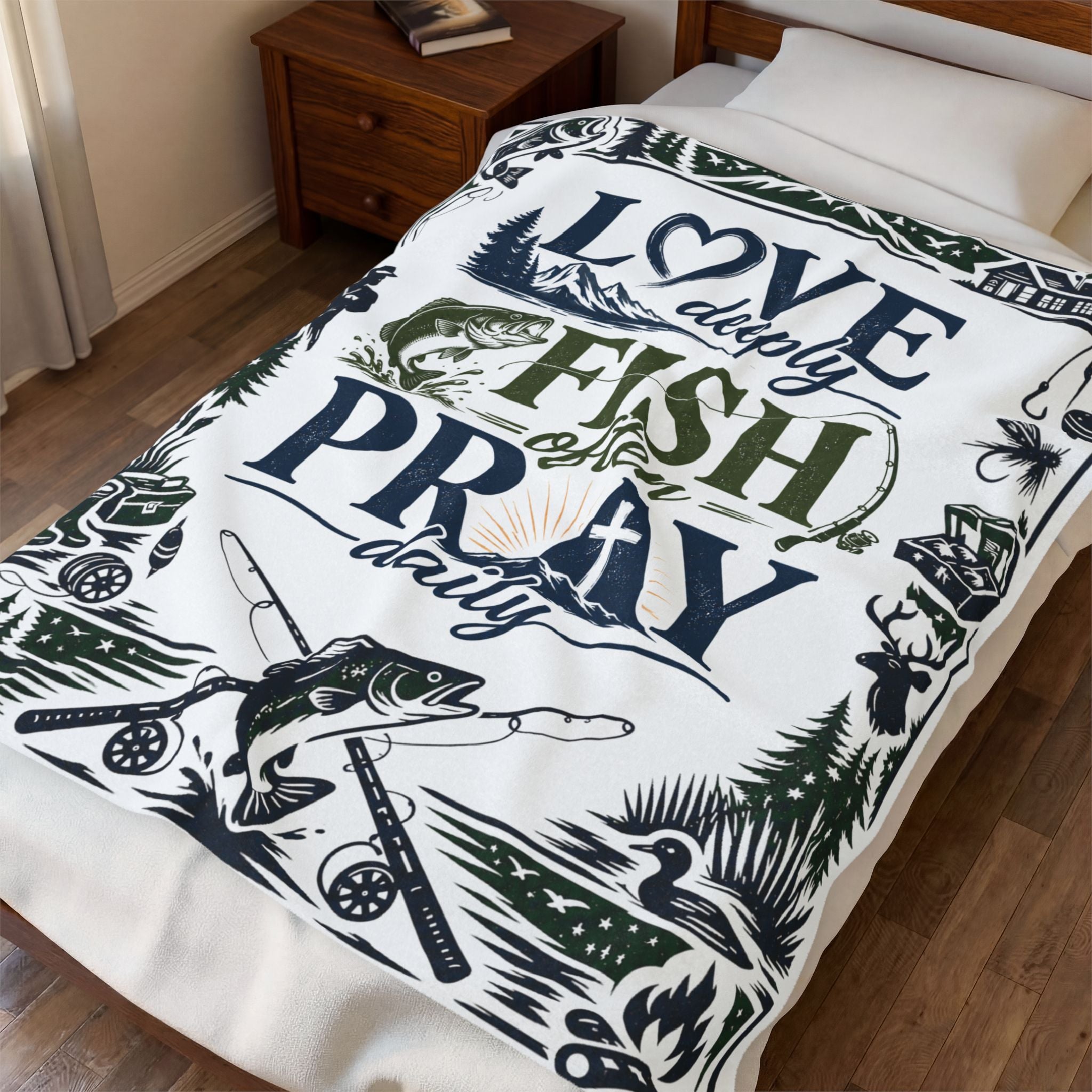 Fishing Plush Blanket | Cozy Cabin Decor for Outdoors Lover | Love Deeply, Fish Often, Pray Daily