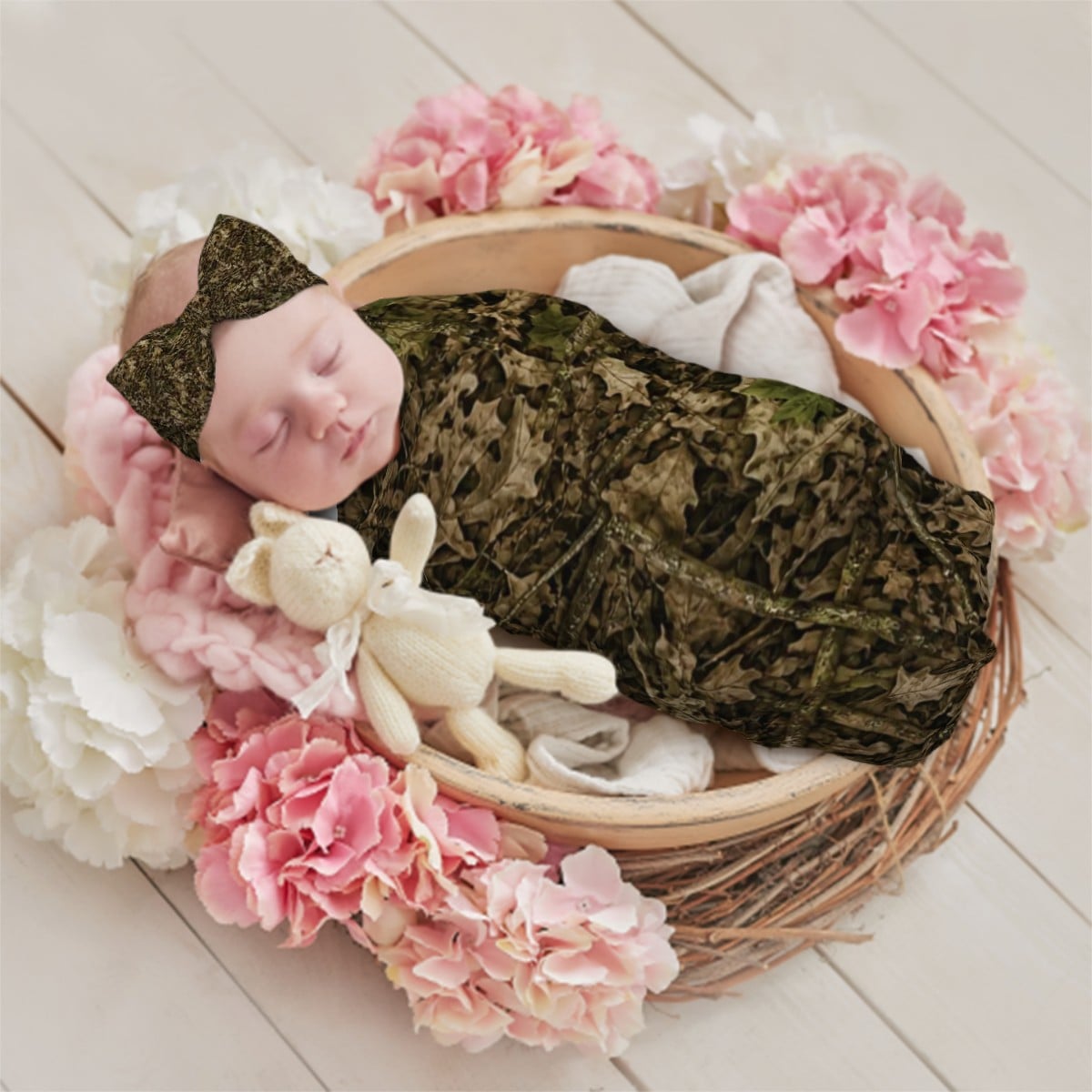 Camo Baby Swaddle Blanket and Bow Set | Camouflage Infant Headband and Swaddle Matching Set