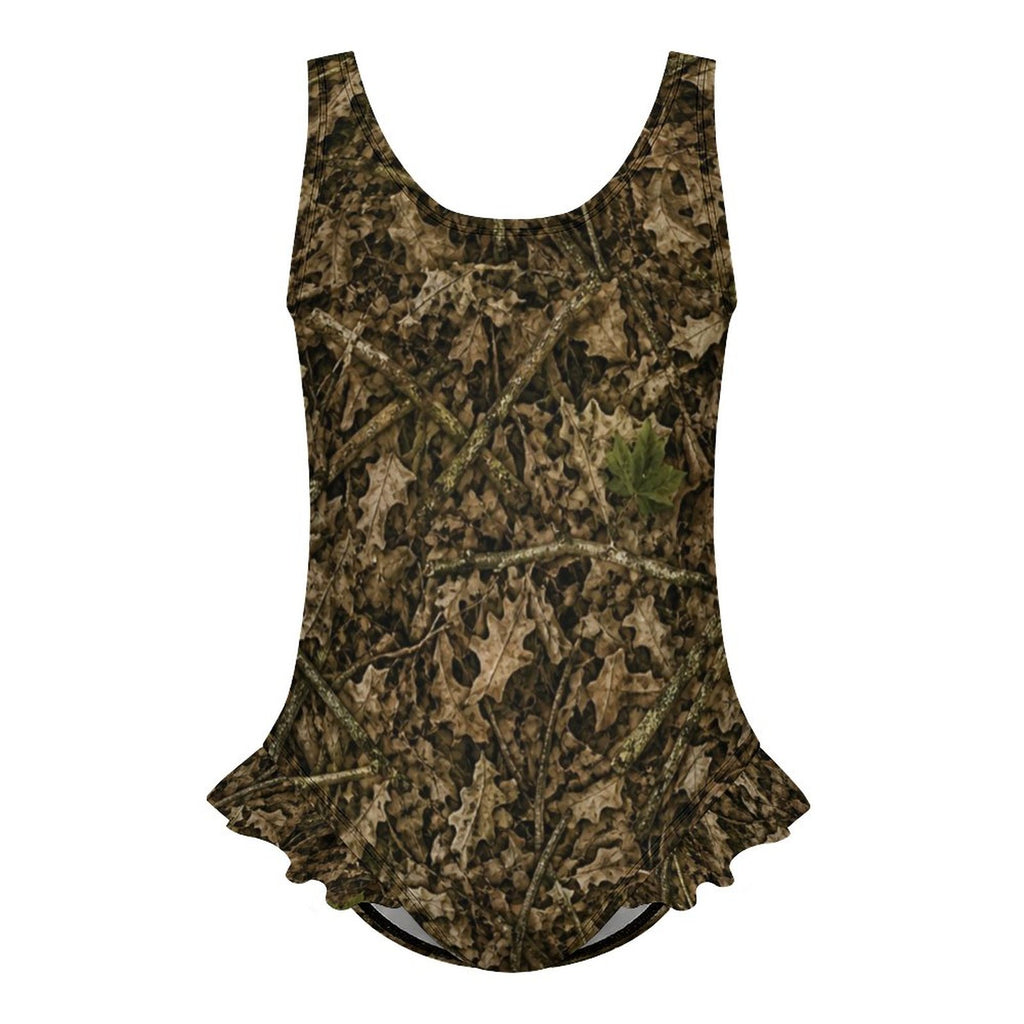 Girls Camouflage Ruffle Trim One Piece Swimsuit | Camo Swimwear for Outdoorsy Youth and Future Hunters
