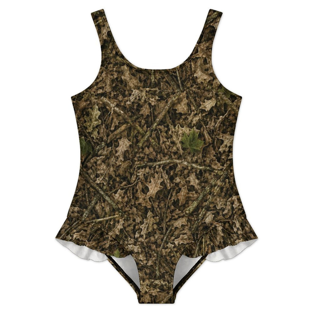 Girls Camouflage Ruffle Trim One Piece Swimsuit | Camo Swimwear for Outdoorsy Youth and Future Hunters