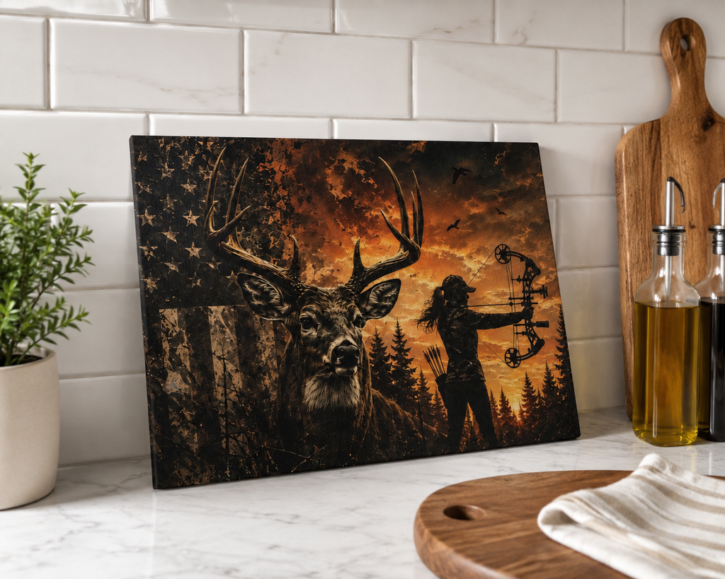 Deer Hunting Themed Glass Cutting Board | Outdoorswoman Bow Hunting American Flag Kitchen Decor