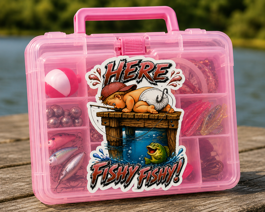 Cute Baby Fishing Sticker | Funny Kids Here Fishy Fishy Sticker for Lunch Box, Tackle Box, Nursery and Playroom