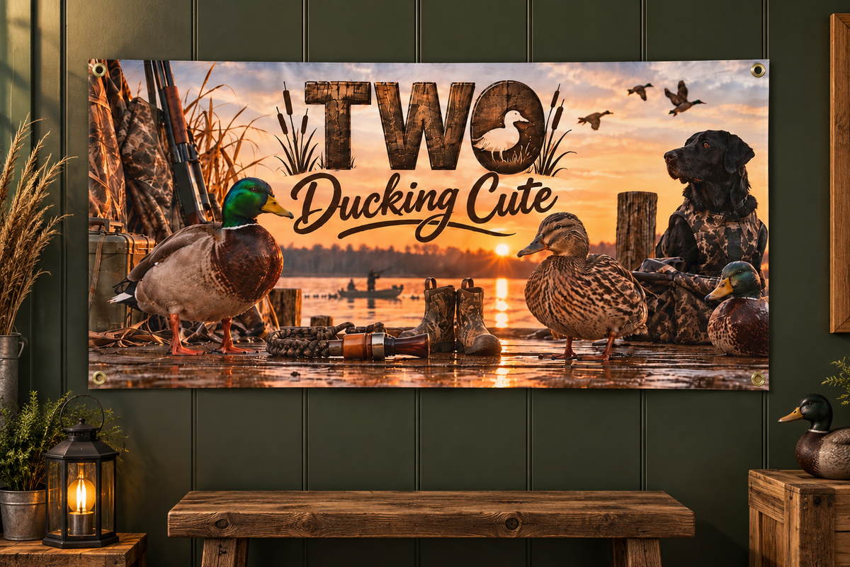 Two Ducking Cute Second Birthday Banner l Duck Hunting Themed Vinyl Tapestry for Outdoorsy Toddler's 2nd Birthday