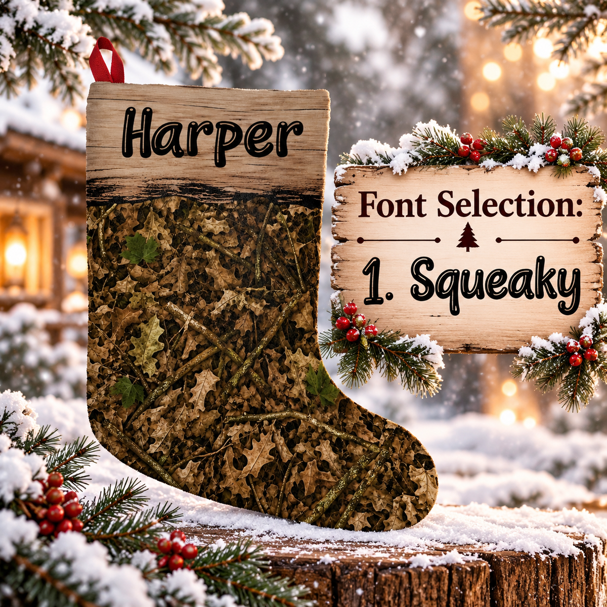Personalized Camo Christmas Stocking | Woodland Camouflage Santa Stocking for Outdoorsy Hunting Families