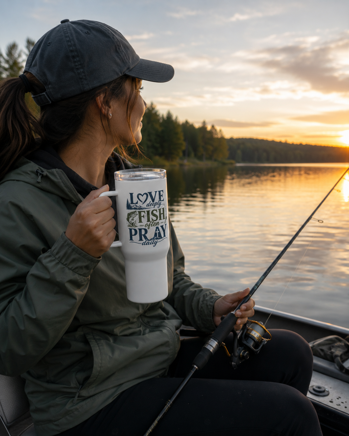 Travel Mug Gift For the Outdoorsy Christian Fishing Lover | Love Deeply, Fish Often, Pray Daily Mug