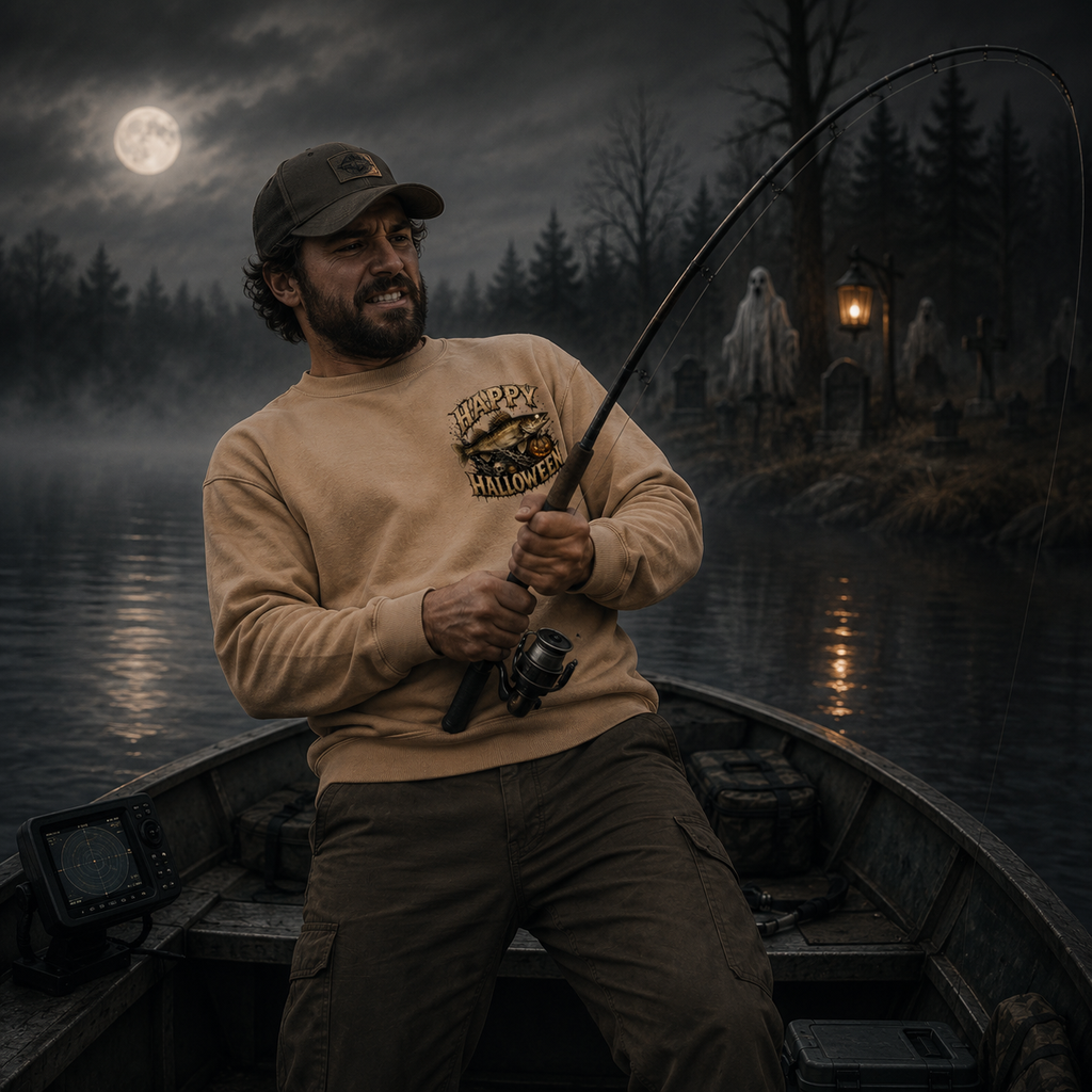 Men's and Women's Halloween Fishing Sweatshirt | Walleye Monster Hunter Premium Sweater for Fall Fishing, Camping, and Hunting Trips