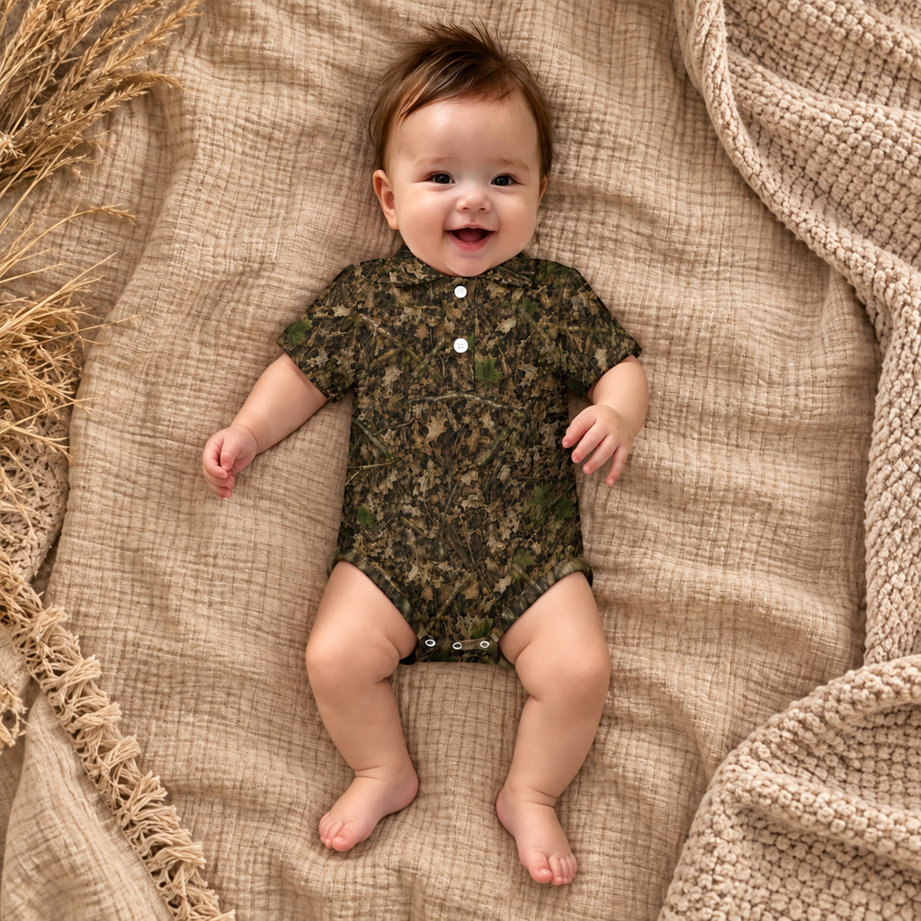 Baby Camo Short Sleeve Polo Romper | Infant Woodland Camouflage Onesie