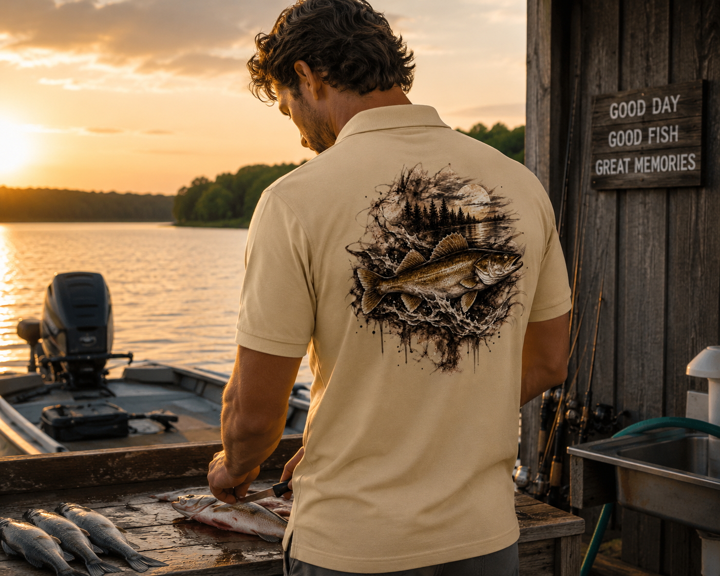 Men's Premium Walleye Fishing Polo | Guys Silky Fisherman Shirt for Fishing, Hunting, Camping, Tournaments, and Formal Events