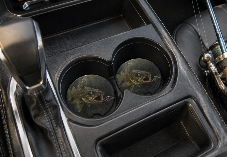 Walleye Fishing Car Coaster | Fisherman Soapstone Drink Coasters for Center Console | Gift for Adventurous Outdoorsmen