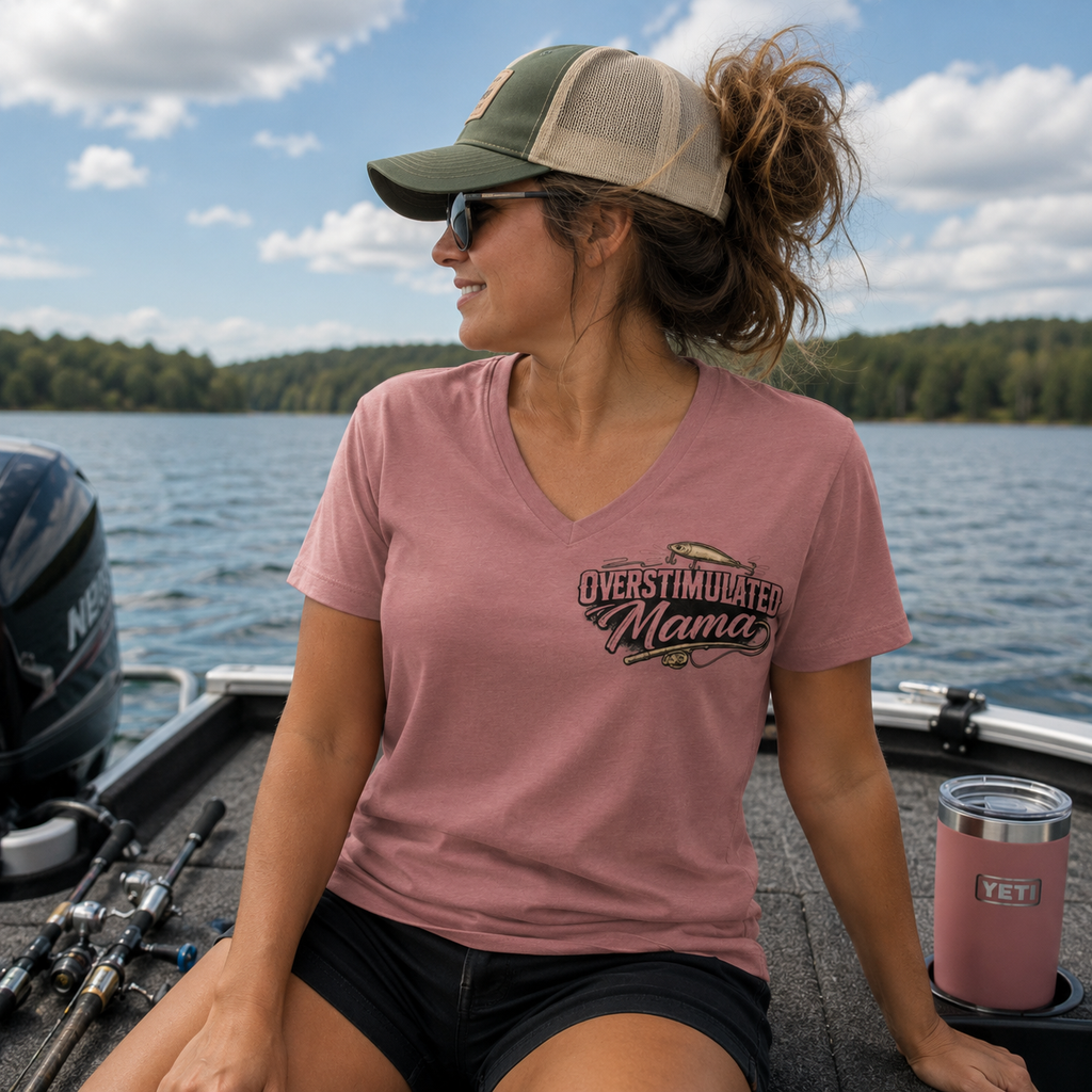 Overstimulated Mama Fishing V Neck Tee | Feed Me Snacks and Take Me Fishing Outdoorswoman T-Shirt