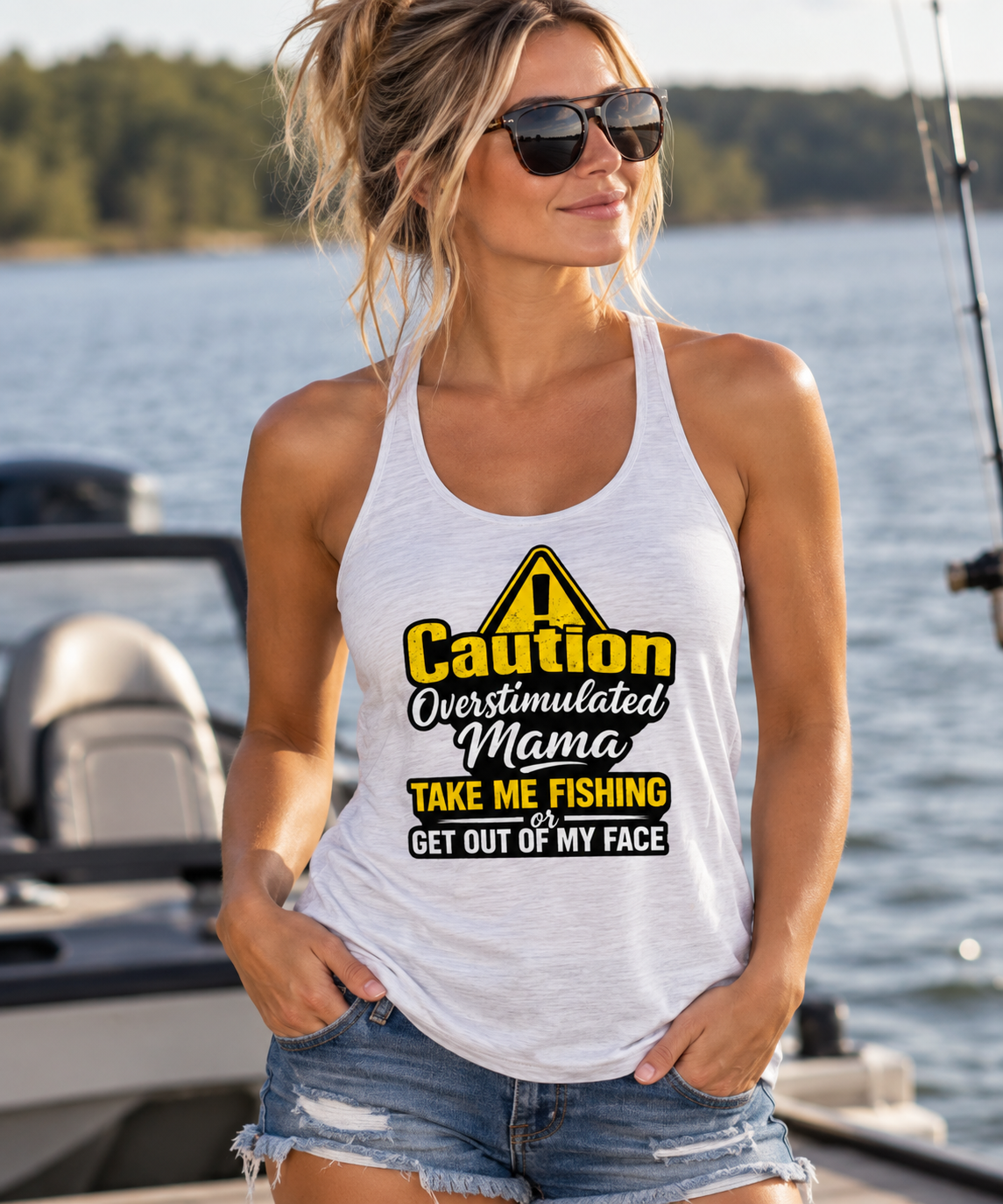 Women's Fishing Tank Top | Funny Racerback Tank for Overstimulated, Outdoorsy Mamas who love Fishing
