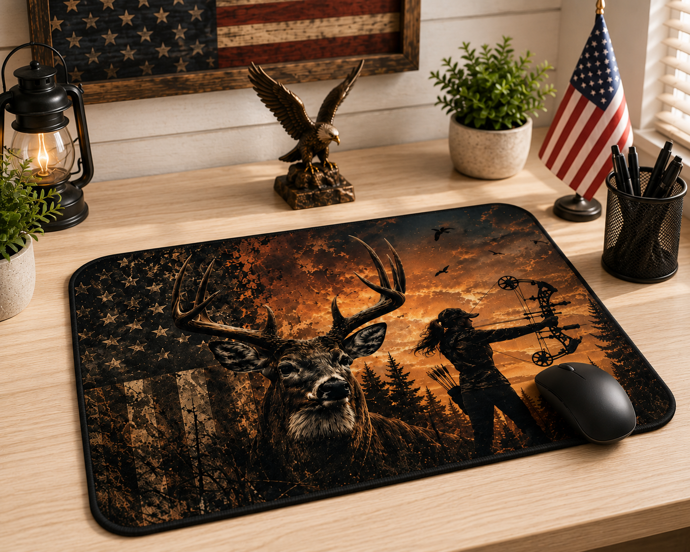 Patriotic Bow Hunting Mouse Pad | Rustic Deer & American Flag Desk Mat for Hunters