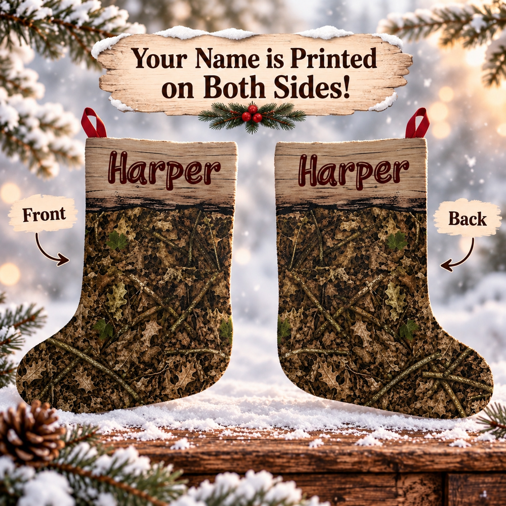 Personalized Camo Christmas Stocking | Woodland Camouflage Santa Stocking for Outdoorsy Hunting Families
