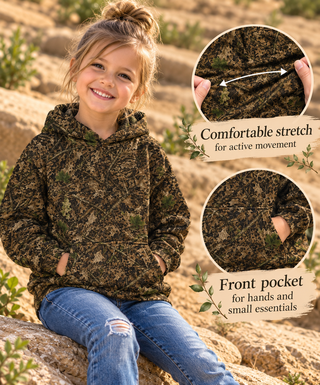 Kids Woodland Camo Hoodie | Hunting Sweatshirt with Front Pocket for Toddlers, Boys & Girls Who Love the Outdoors