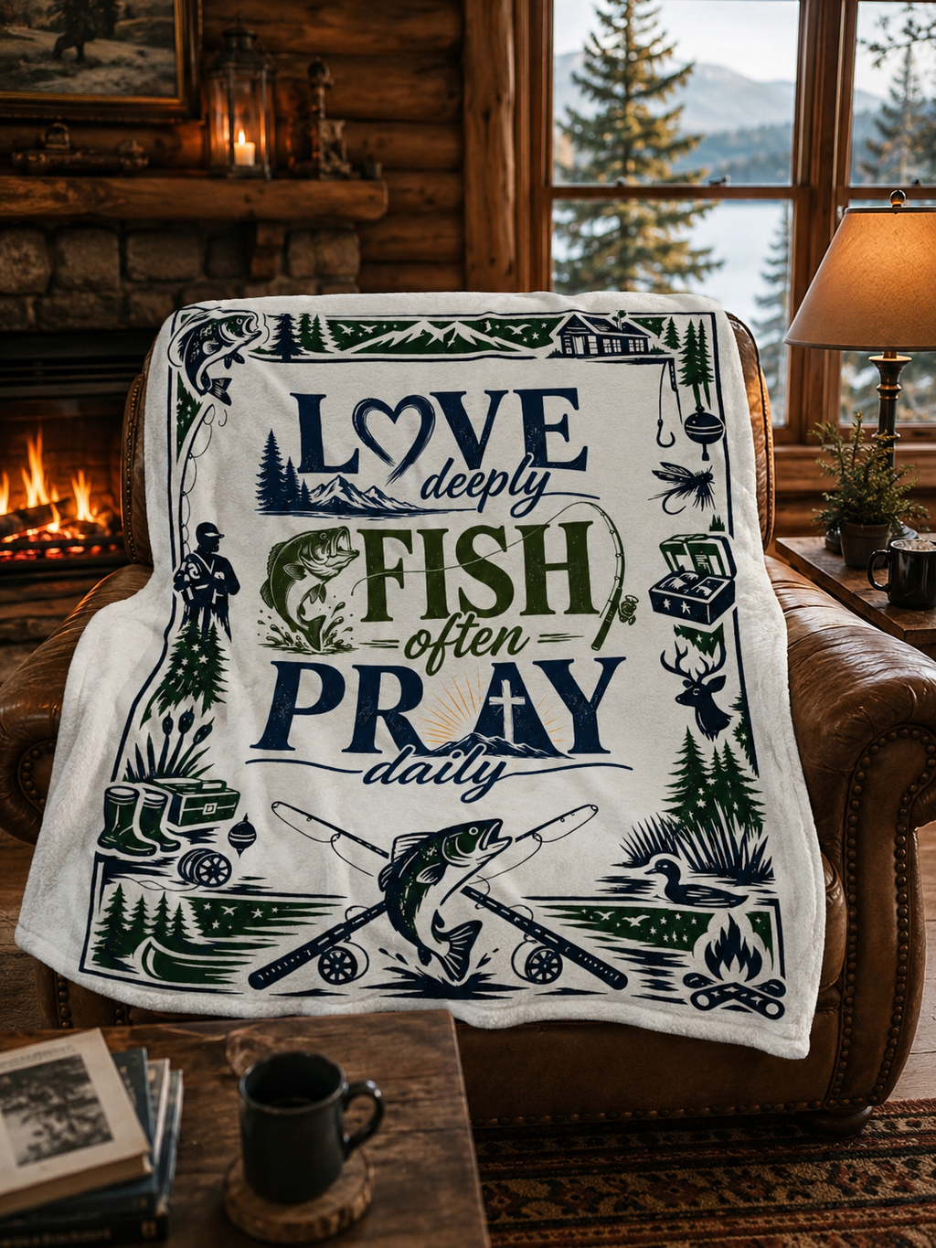 Fishing Plush Blanket | Cozy Cabin Decor for Outdoors Lover | Love Deeply, Fish Often, Pray Daily
