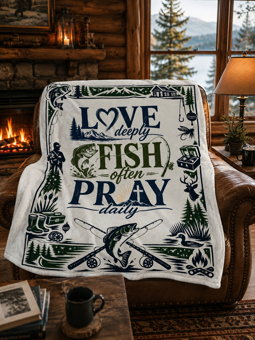 Fishing Plush Blanket | Cozy Cabin Decor for Outdoors Lover | Love Deeply, Fish Often, Pray Daily