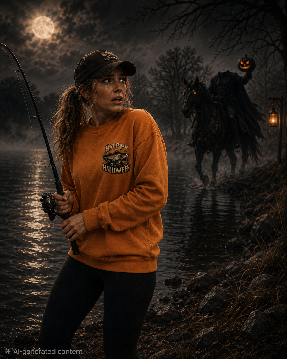 Men's and Women's Halloween Fishing Sweatshirt | Walleye Monster Hunter Premium Sweater for Fall Fishing, Camping, and Hunting Trips