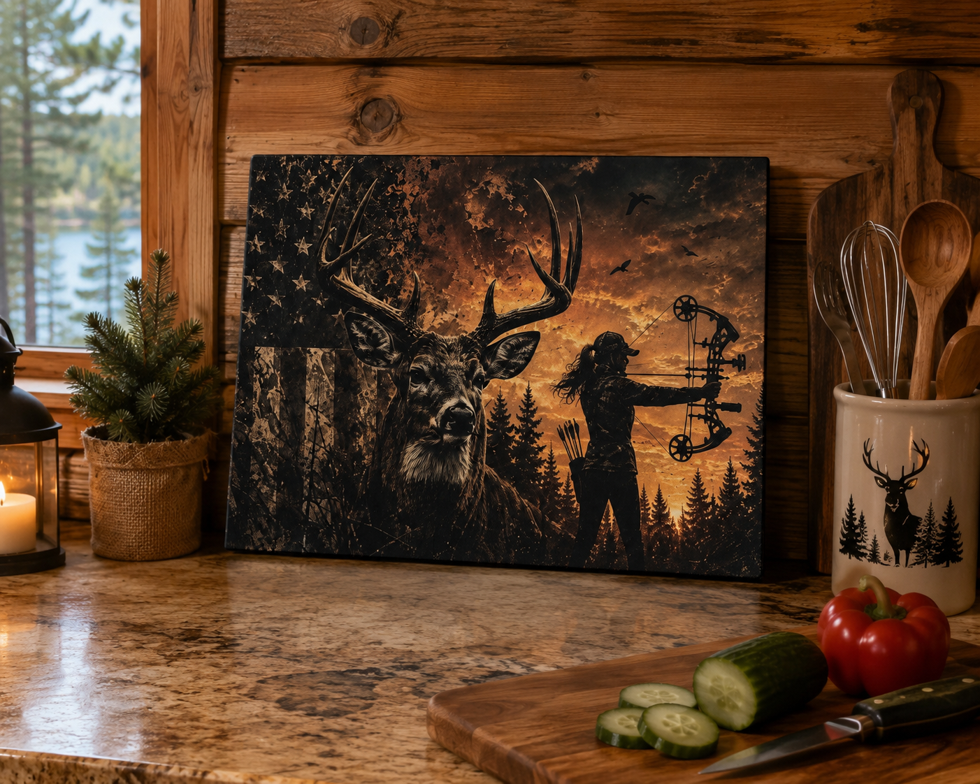Deer Hunting Themed Glass Cutting Board | Outdoorswoman Bow Hunting American Flag Kitchen Decor