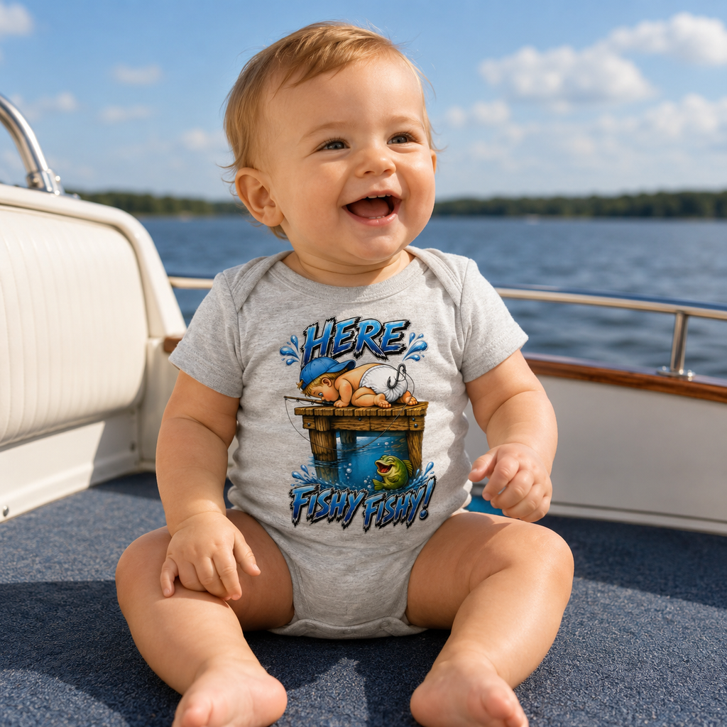 Baby Cute Fishing Onesie | Funny Infant Here Fishy Fishy Body Suit