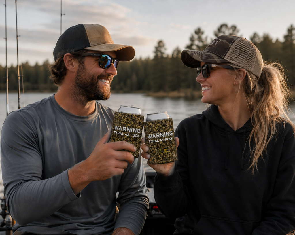 Camo Hunting Can Cooler | Outdoorsman Gift | Feral as Fuck Beer Koozie