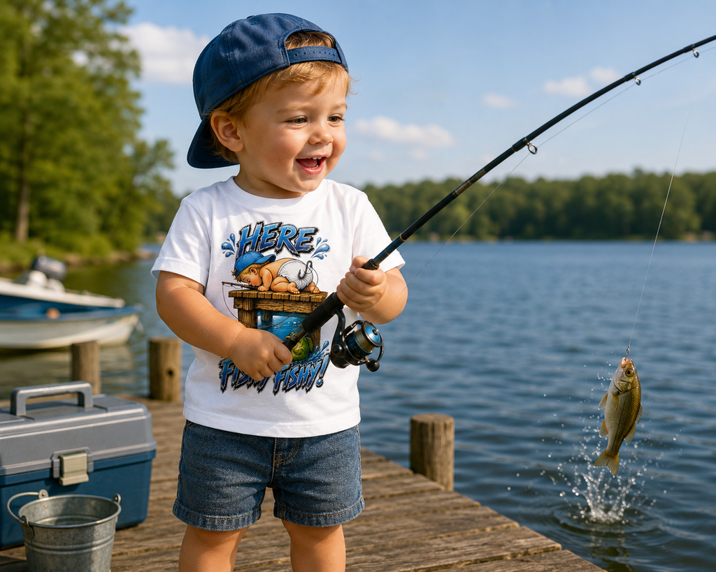 Toddler Cute Fishing Tee | Kids Funny Outdoors Here Fishy Fishy T-Shirt