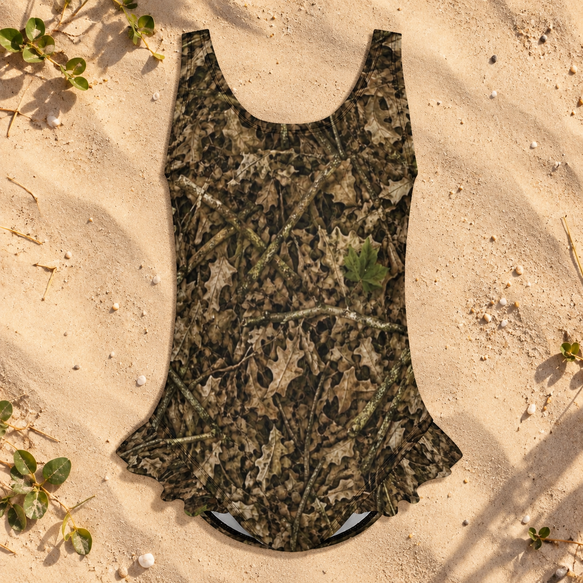 Girls Camouflage Ruffle Trim One Piece Swimsuit | Camo Swimwear for Outdoorsy Youth and Future Hunters