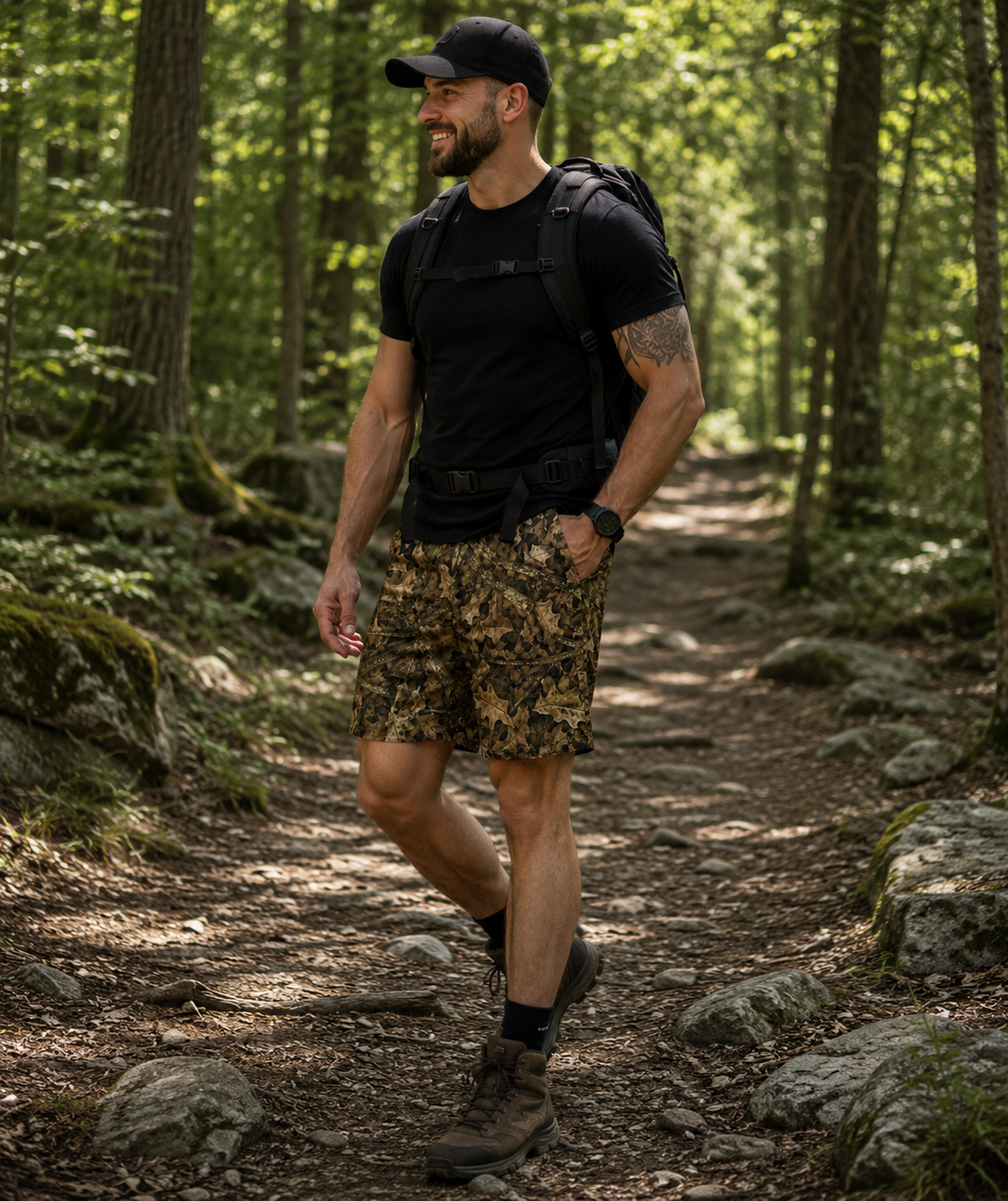 Camo Unisex Athletic Long Shorts | Camouflage Comfy Active Wear Shorts for Outdoorsmen and Outdoorswomen