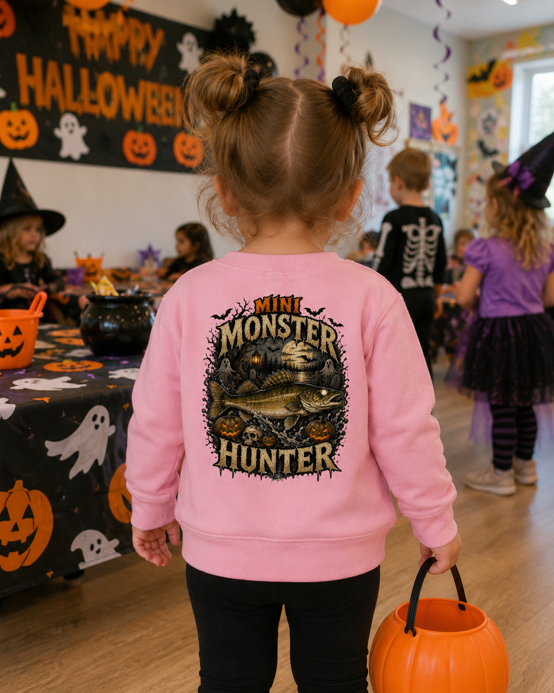 Toddler and Kids Halloween Fishing Sweatshirt | Youth Walleye Mini Monster Hunter Premium Sweater for Fishing, Camping, and Hunting Trips