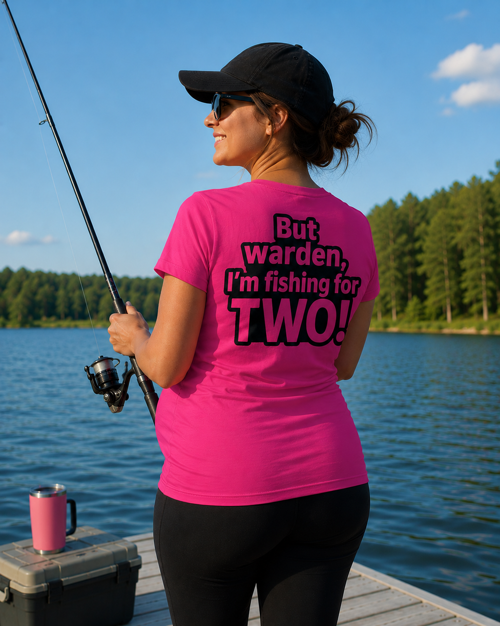 Women’s Pregnancy Announcement Fishing V-Neck | But Warden I'm Fishing for Two Funny Pregnancy Shirt for Outdoorswomen