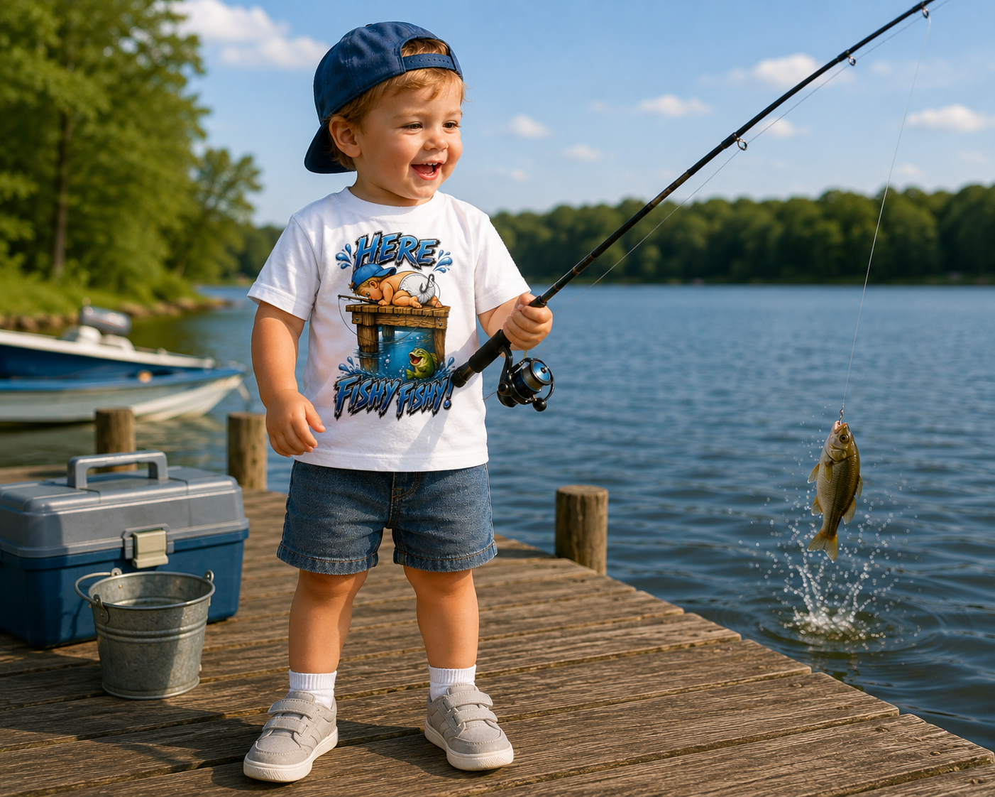 Toddler Cute Fishing Tee | Kids Funny Outdoors Here Fishy Fishy T-Shirt