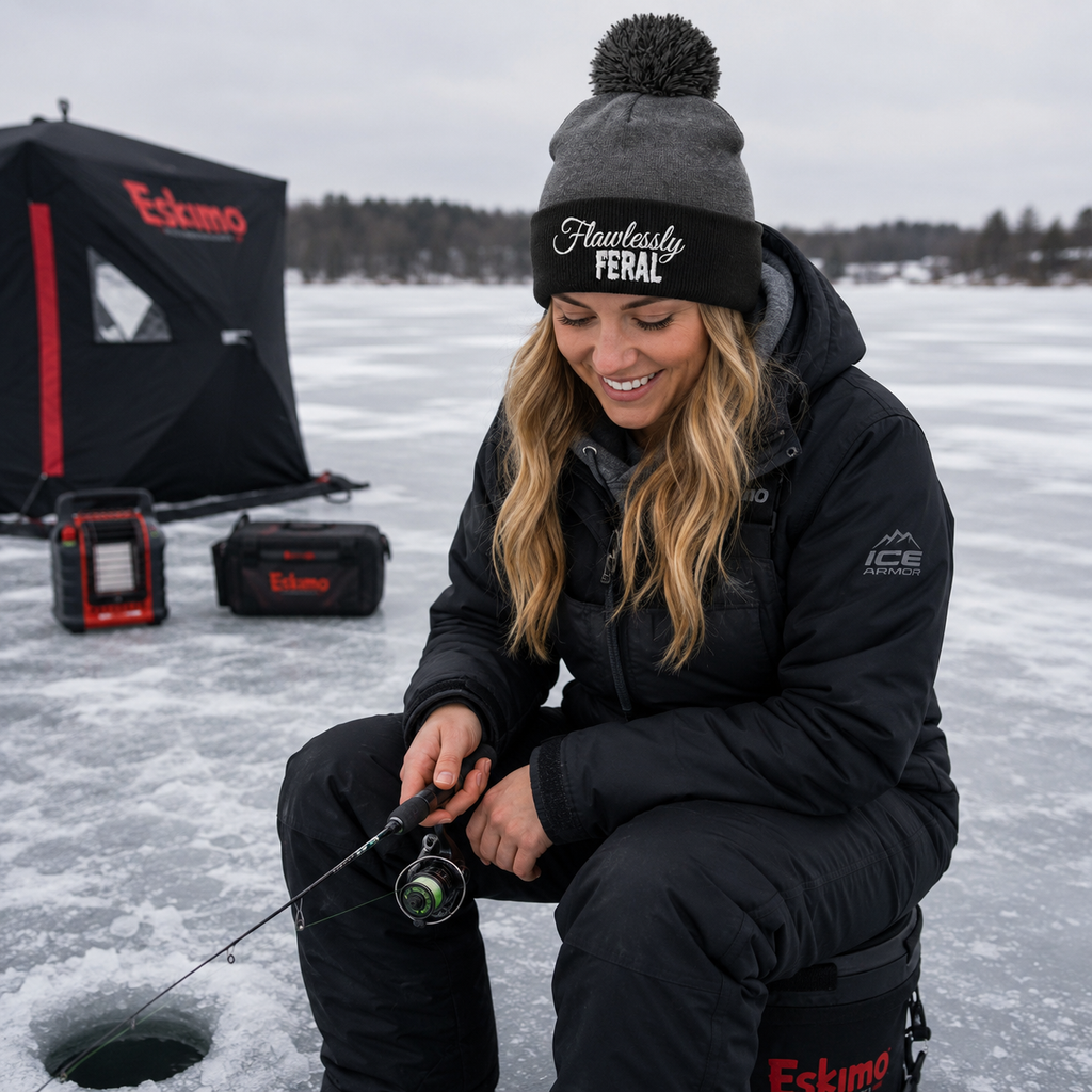 Women's Warm Ice Fishing Beanie | Ladies Winter Pom Hat for Cold Weather Activities like Snowboarding, Snowmobiling, Sledding, and Hunting