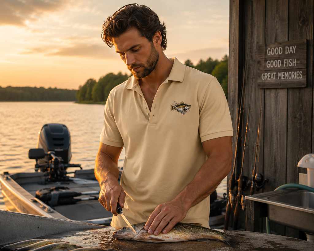 Men's Premium Walleye Fishing Polo | Guys Silky Fisherman Shirt for Fishing, Hunting, Camping, Tournaments, and Formal Events