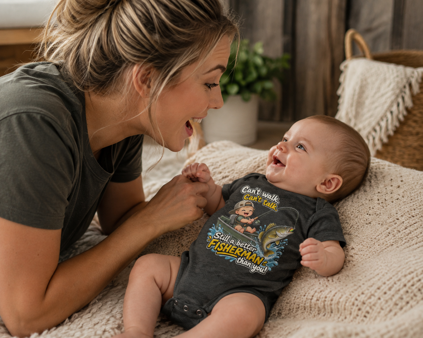Funny Baby Fishing Onesie | Walleye Infant One-Piece Bodysuit | “Still a Better Fisherman Than You” Outdoorsy Newborn Outfit
