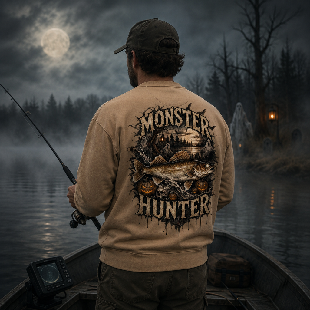 Men's and Women's Halloween Fishing Sweatshirt | Walleye Monster Hunter Premium Sweater for Fall Fishing, Camping, and Hunting Trips