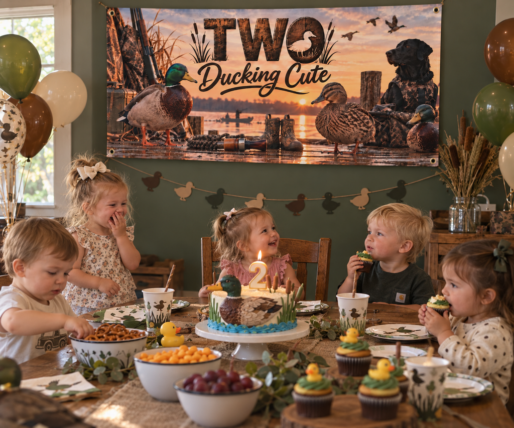 Two Ducking Cute Second Birthday Banner l Duck Hunting Themed Vinyl Tapestry for Outdoorsy Toddler's 2nd Birthday