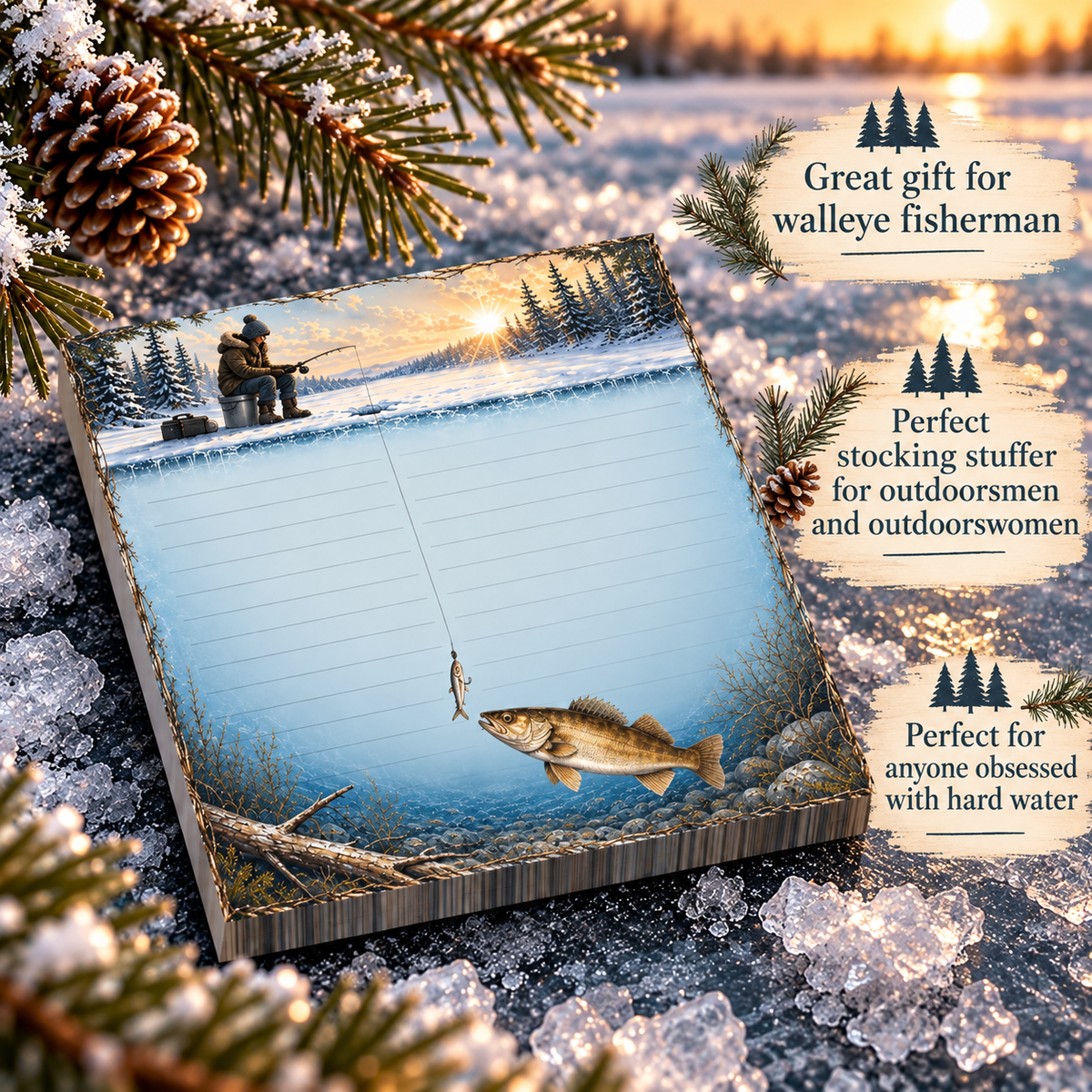 Ice Fishing Walleye Sticky Notes | Winter Fisherman Theme Post-it® Note Pad Gift for Outdoorsmen and Outdoorswomen